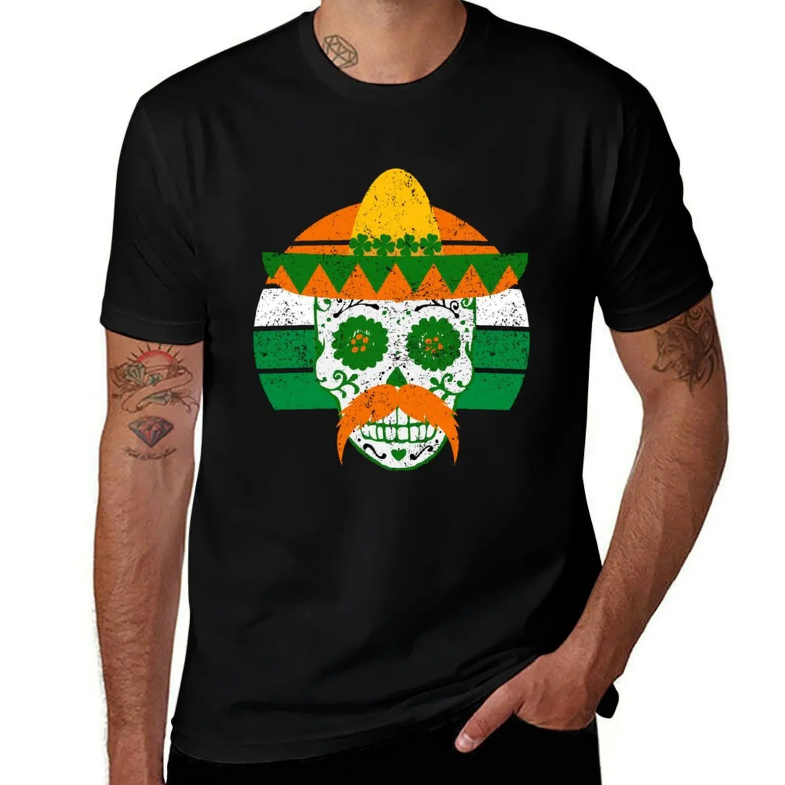 

Sugar Skull St Patrick's Day Irish Mexican Distressed Vintage Sunset T-Shirt Casual Daily Wear Short Sleeve Top