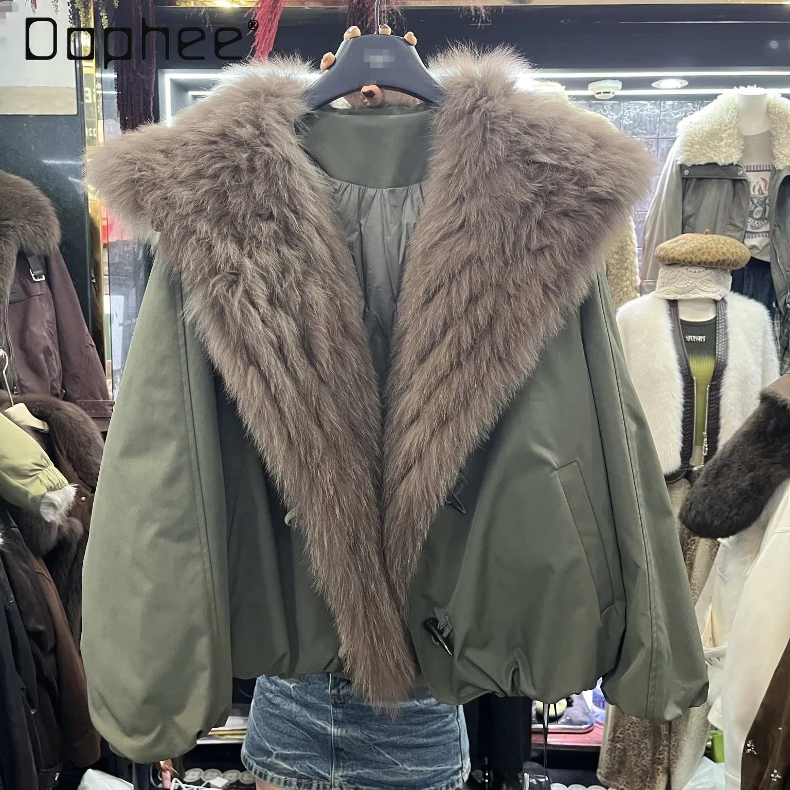2025 Otoño Invierno nuevo abrigo de piel de zorro de gama alta mujer estilo coreano elegante moda cuello azul marino Parka corta gruesa abrigo femenino