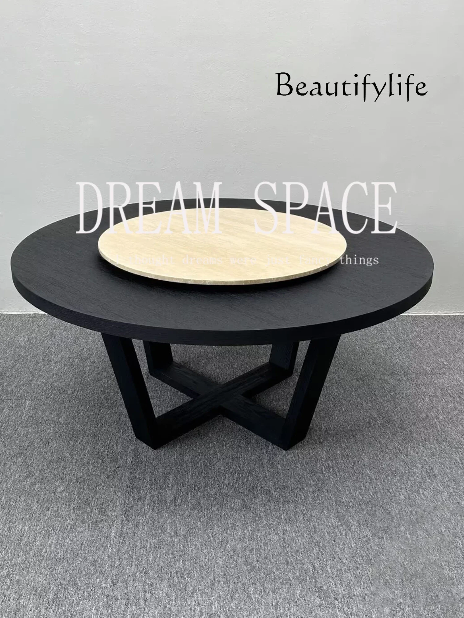 0 PP Medieval Round Solid Wood Turntable Dining Table Art Travertine Simple Eating Table Small Apartment White Oak