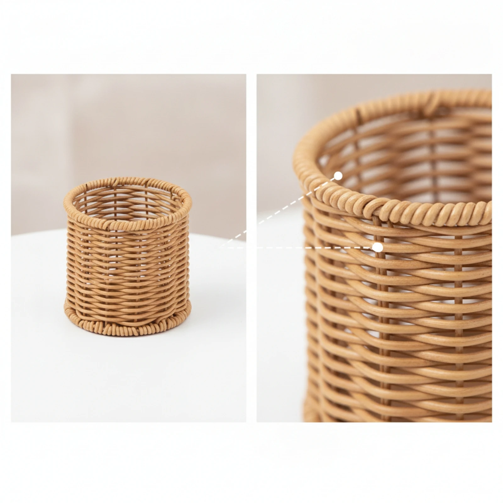 Pen Holder Textured Woven Pencil Holder Wicker Pen Cup Multi-Functional Rattan Basket with Open Top Boho for Students, Vanity