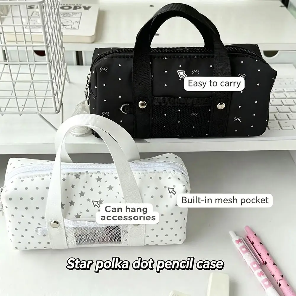 Multi-functional Polka Dot Bow Print Pencil Case Handheld Portable Pen Bag Large Capacity Stationery Organizer Gift