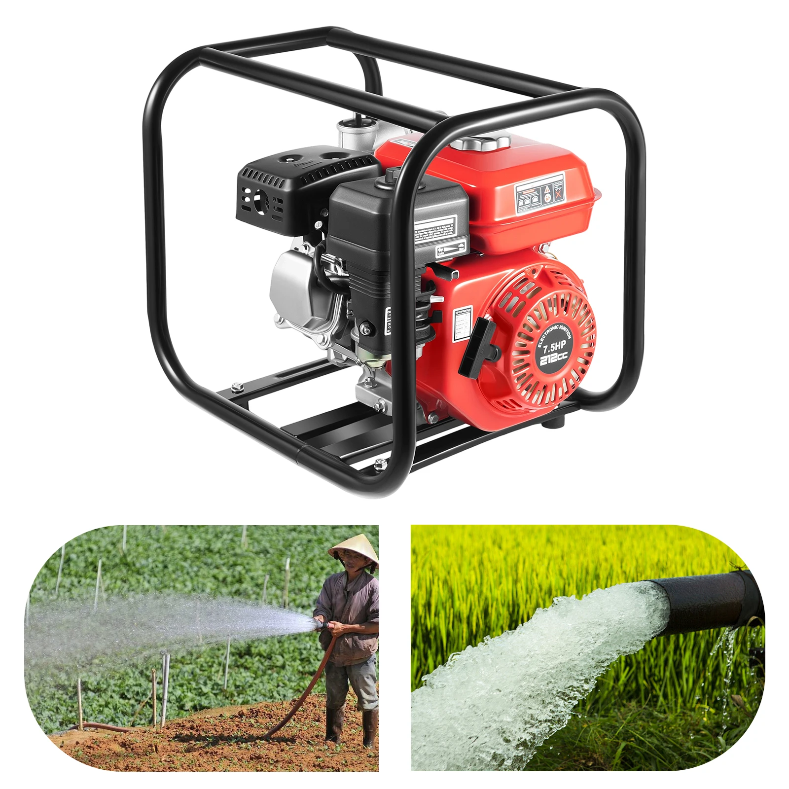 212cc 7.5HP Gas Water Pump, 2 inch Gas Powered Irrigation Water Pump with 22.97ft Hose, Trash Pump for Farmland Irrigation