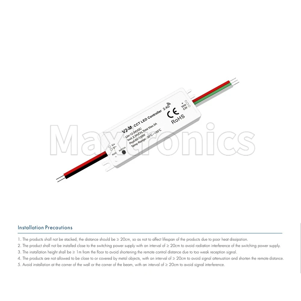 Skydance V2-M DC12-24V وحدة تحكم LED صغيرة مزدوجة اللون 2.4GRF 2.5A 2CH CCT الجهد المستمر لشريط LED لدرجة حرارة اللون