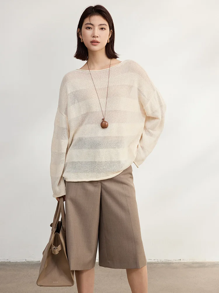 Winsleter-Silk Blended Elegant T-Shirt, O Neck Striped, Women French Commute Sheer Thin Knit Loose Top, 2026 Autumn New T67871CC