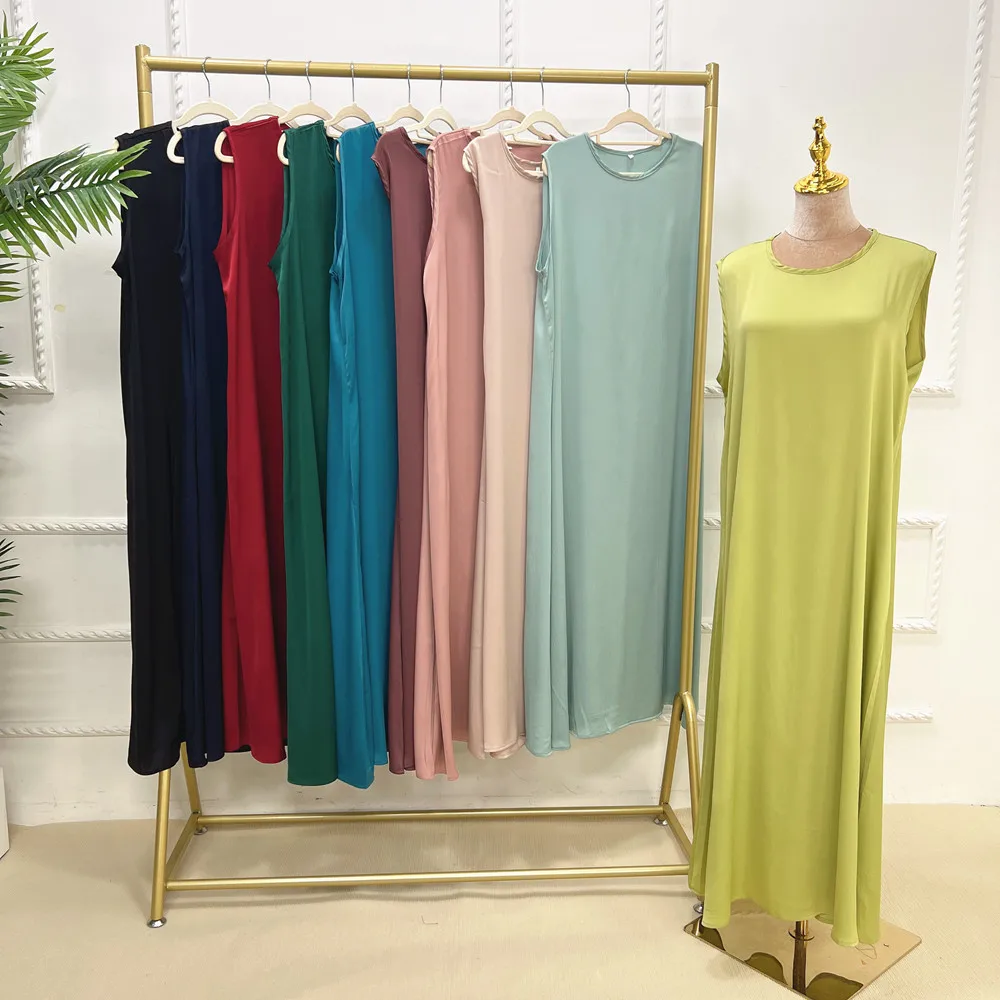 Vestido interior Abaya de satén modesto para mujer de otoño, venta al por mayor, Túnica de Ramadán de Dubái, vestido sin mangas de lino, lo último en mujeres musulmanas