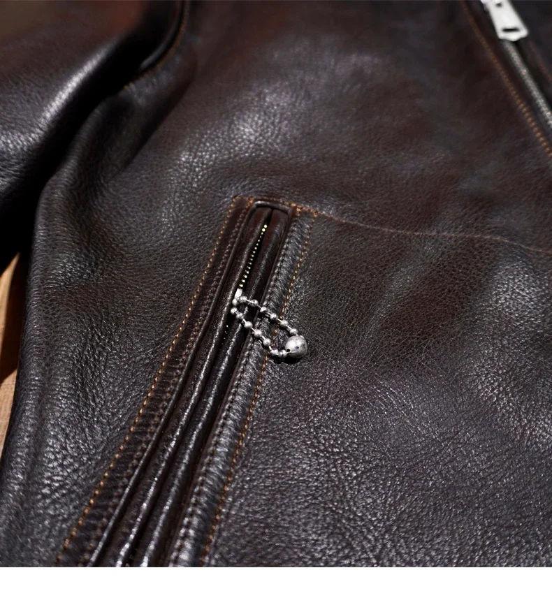 النمط الأمريكي الرجعية الحبوب الكاملة 1.6 سمك Muhandro جلد البقر سترة 1930 S الرجال دراجة نارية قصيرة الوقوف طوق