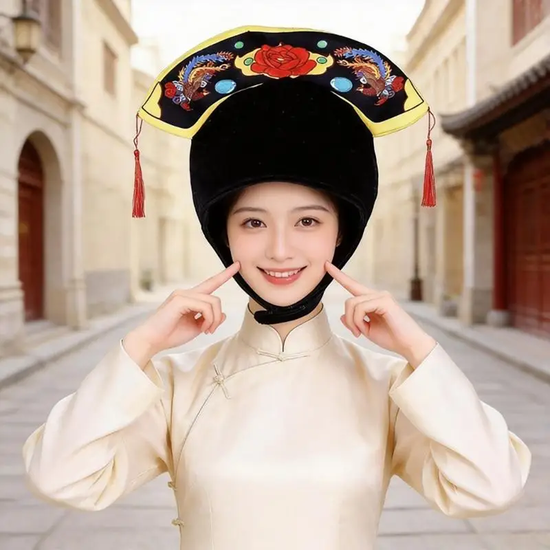 Costume Prop Hat for Themed Photos Royal Plush Headpiece with Embroidered and Pendant Trim for Role Play Party Video Use 6XDA