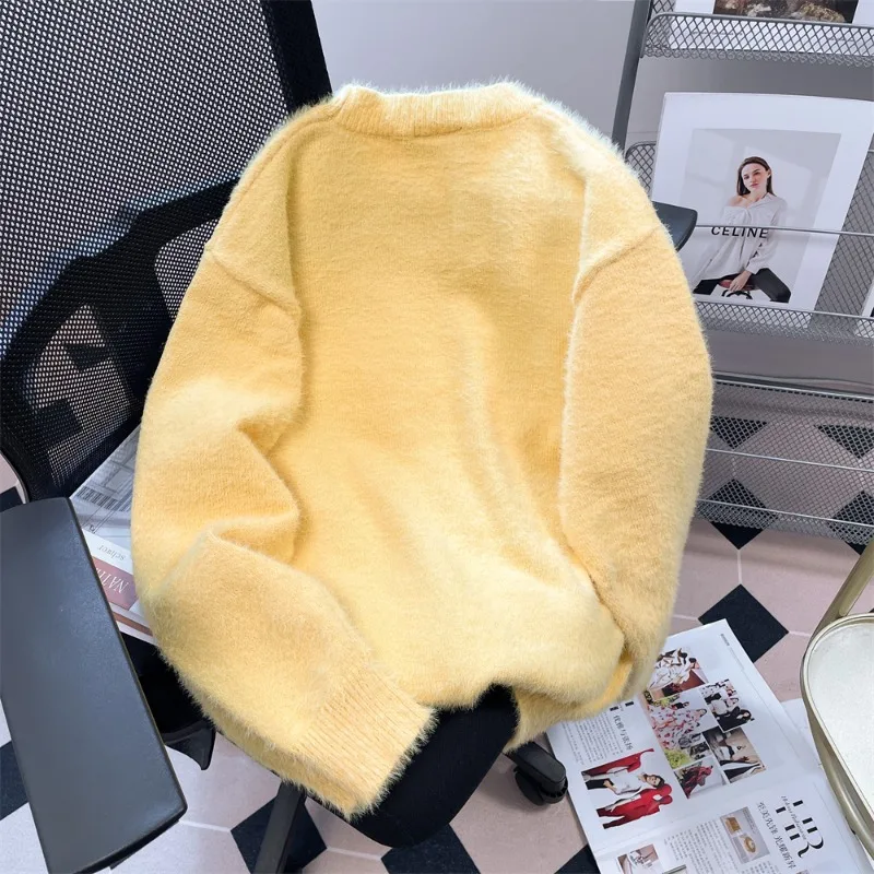 DAYIFUN Yellow Sweaters Women Autumn Mink Plush Cat Pattern Knit Pullovers Winter Long Sleeve Oversize O Neck Loose Lady Jumpers