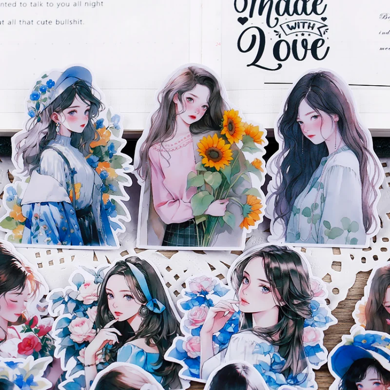 16pcs Fresh and Artistic Stickers Featuring Green Girls 2 for Decorating Journals, Notebooks, and Phone Cases Stationery