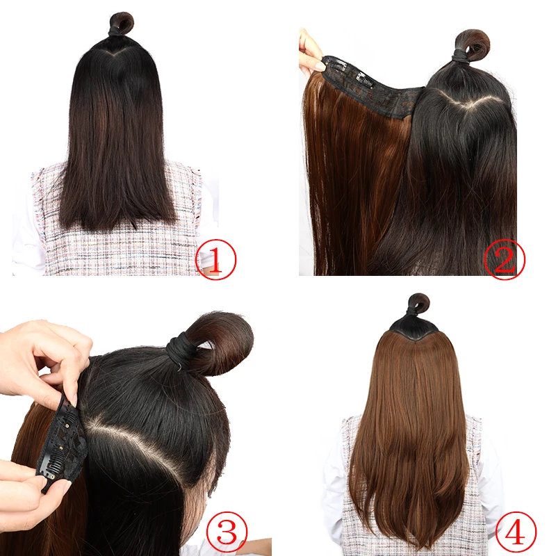 Extensión de cabello sintética larga y recta con capas, en forma de V, negra y rubia, invisible, para mujer, 22 pulgadas 6