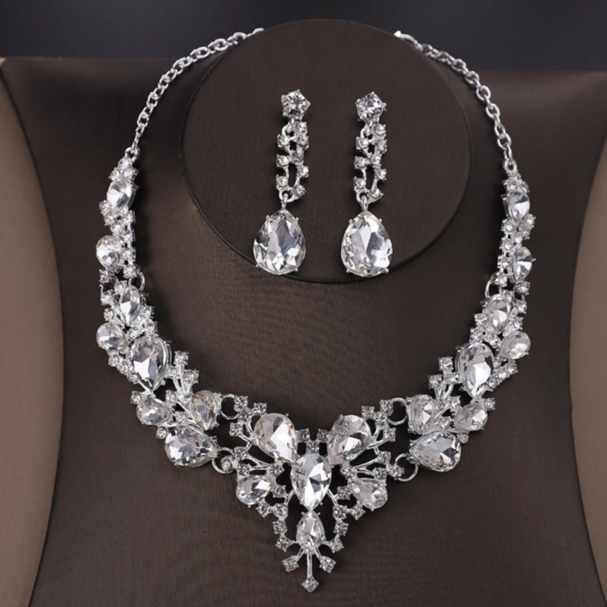 3PC Fashion Charm Rhinestone Water Drop Necklace Earrings Jewelry Set Women's Wedding Party Accessories -6821