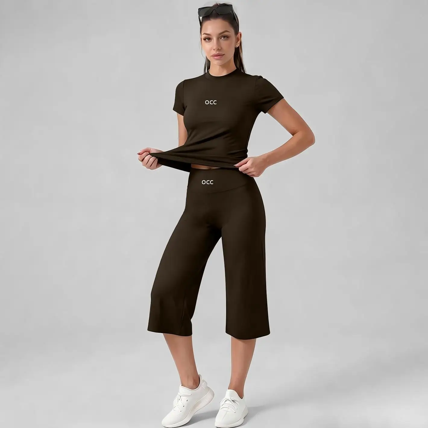 Wide leg cropped yoga suit set, high waist nude short sleeved, wide leg cropped yoga suit, quick drying exercise yoga suit
