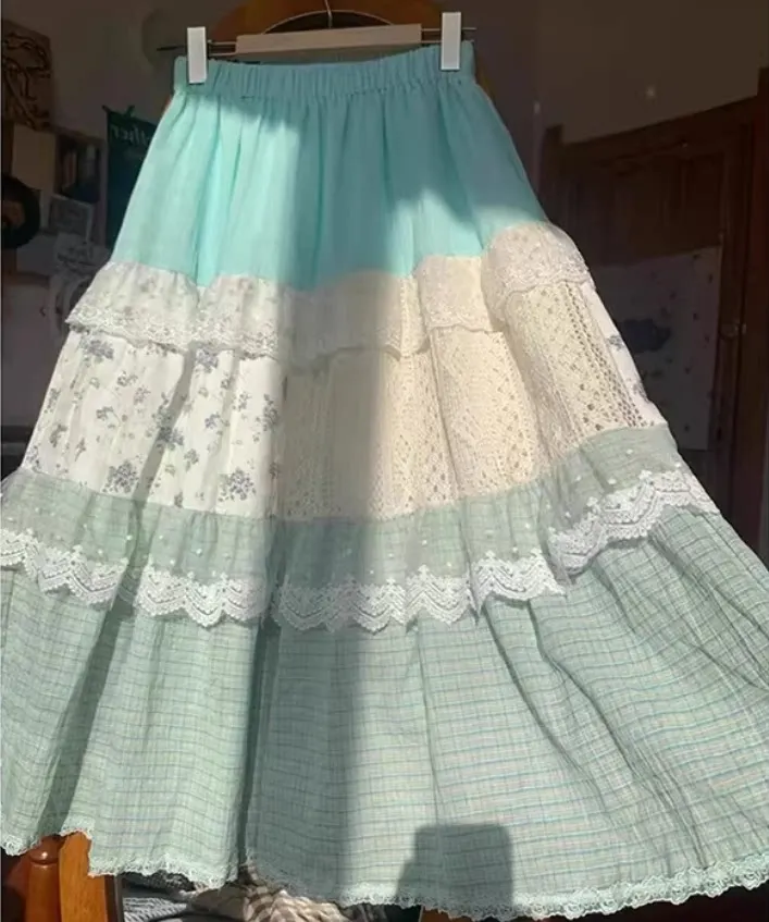 NONSAR Pastoral Style College Floral Skirt Women Lace Stitching Cake Tutu Skirt Plaid A-line Long Skirt