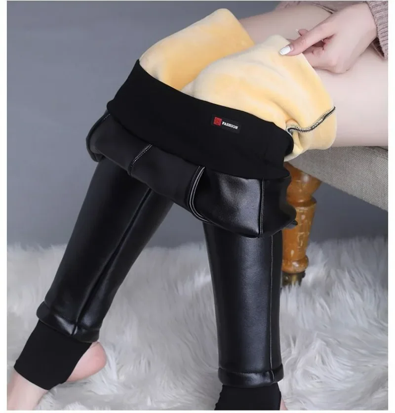 

Fleece Leather Pants New Women's Pants Fall & Winter Tight High Waist Leggings Outdoor Wear Thick Soft Leather Pants LJ492