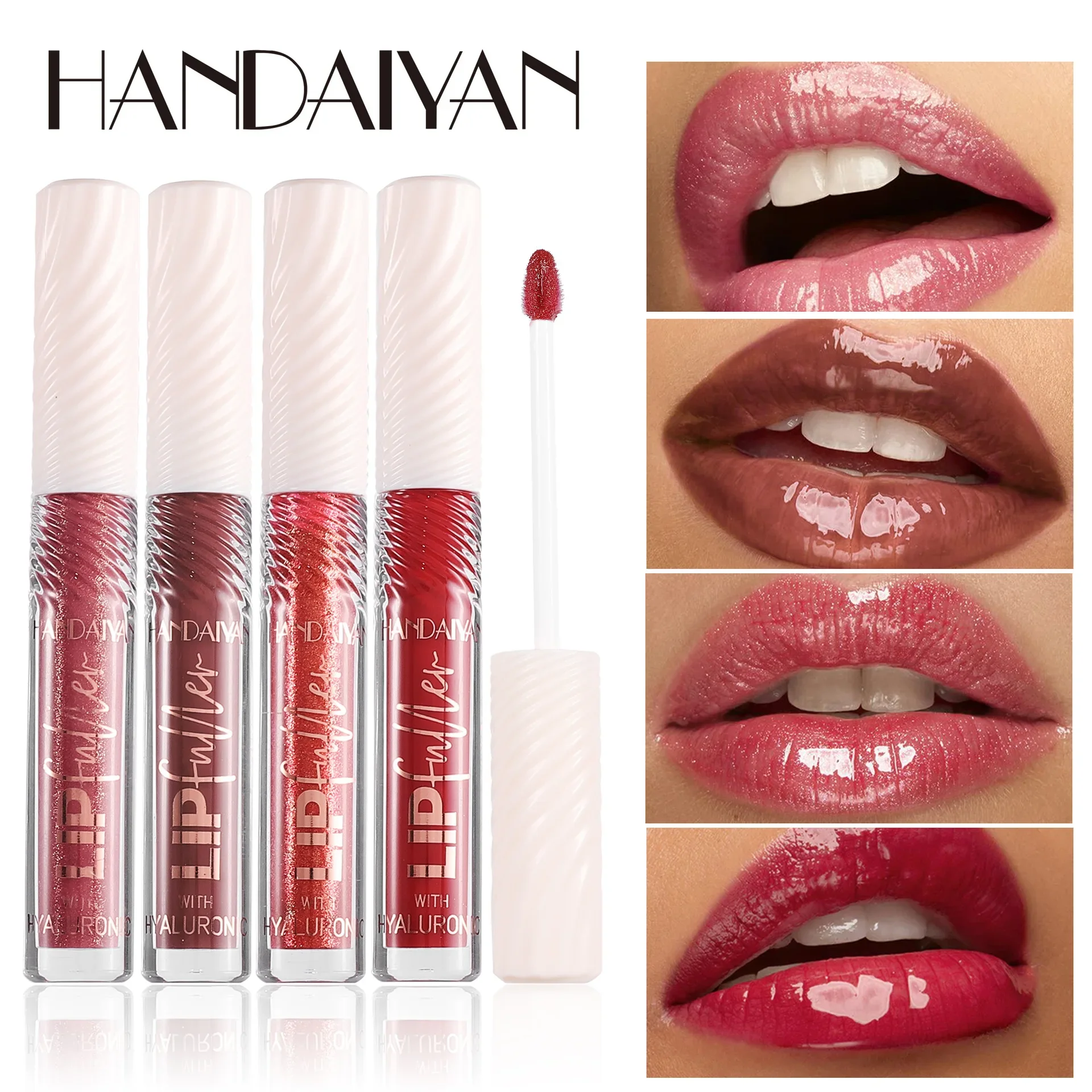 HANDAIYAN-brillo de labios con espejo de 8 colores, ácido hialurónico, hidratante, infusión de perlas, lápiz labial brillante para un aspecto regordete completo