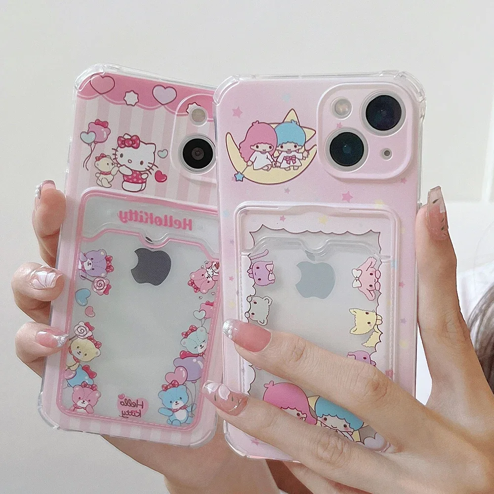 Cute Cartoon Sanrio Hello Kitty LittleTwinStars Card Pocket Phone Case for IPhone 15 14 13 12 11 Pro Max X XR XS MAX Back Cover