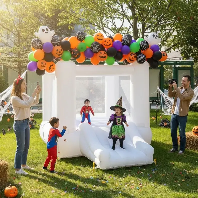 Maison gonflable blanche de rebond à dessus plat de 9x7x6 pieds pour fête des tout-petits avec château gonflable Oxford coulissant comprenant un souffleur (sans bâche)