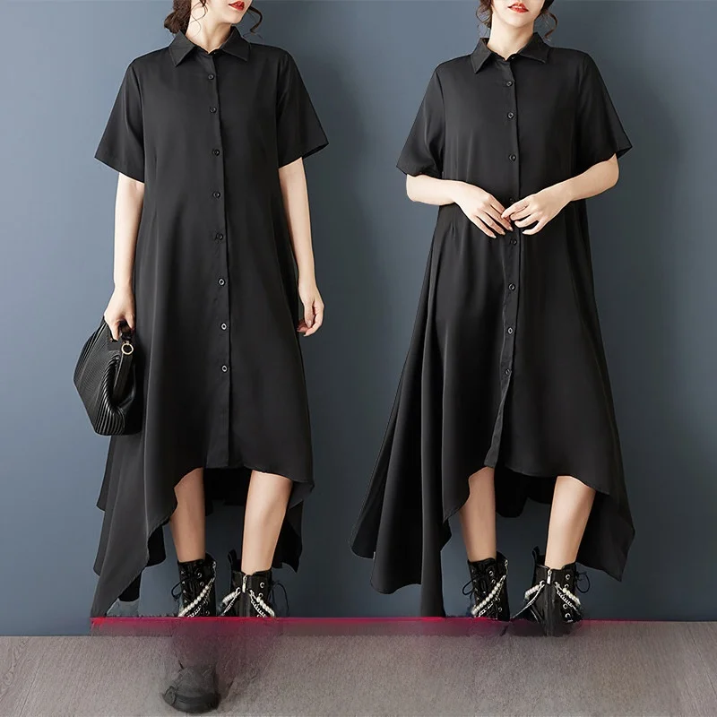 

Летнее новое платье больших размеров в темном стиле, свободного кроя, с плиссировкой, коротким рукавом, длиной ниже колена, повседневное, с завышенной талией, в стиле рубашки, женское.