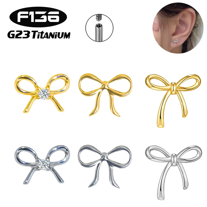 1PC G23 Titanium Piercing Labret Internal Thread Ear Studs Flatback Zircon Bow Lip Stud Cartilage Tragus Stud Body Jewelry 16G