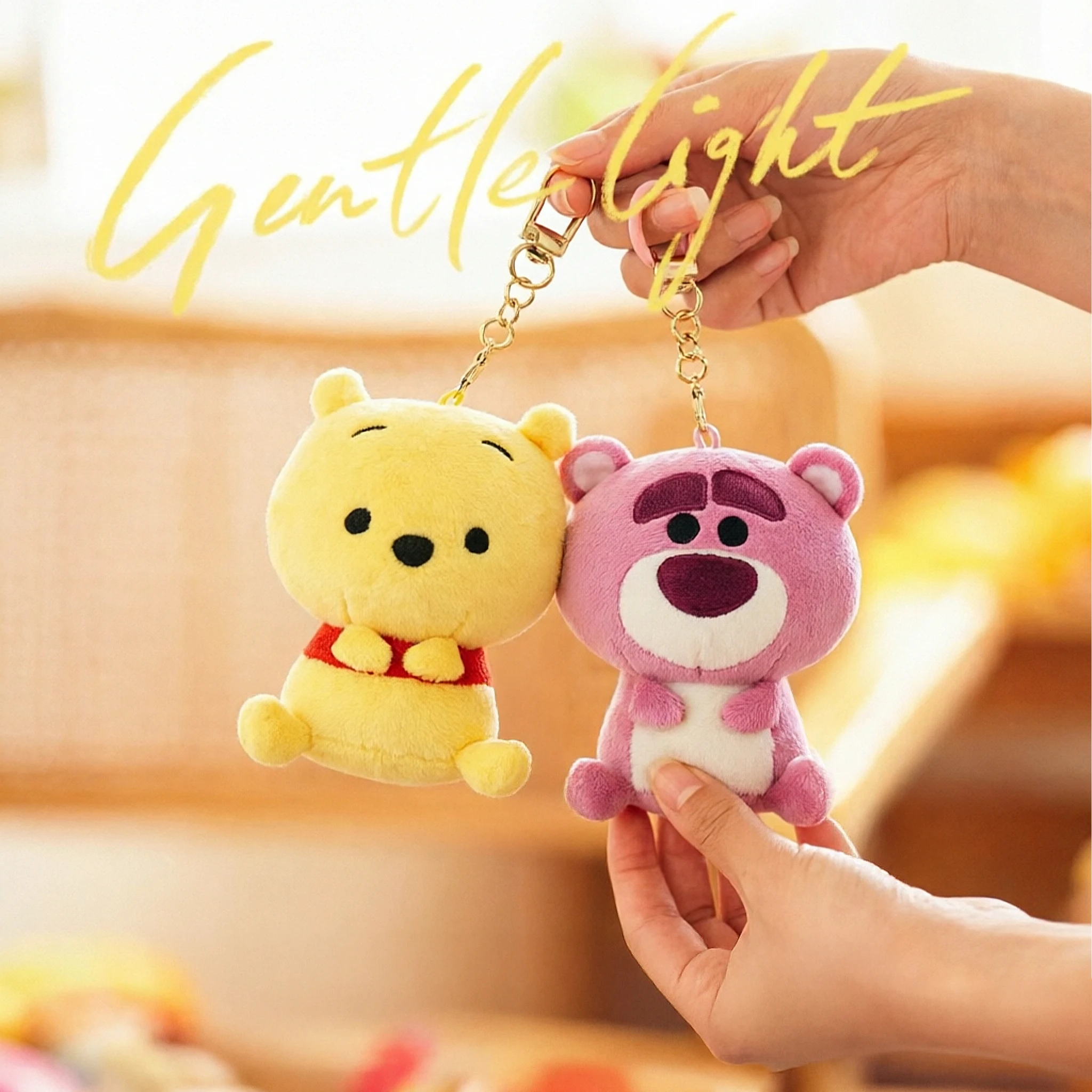 Disney Round Chubby Winnie Pooh Lotso Strawberry Bear Kawaii Squishy Plush Keychain Charm for Kids Fans Birthday Gift Home Decor