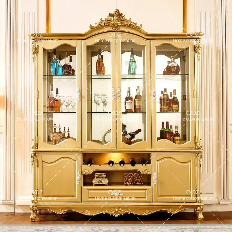 European wine cabinet solid wood carving flower villa furniture decorative cabinet champagne gold glass four door