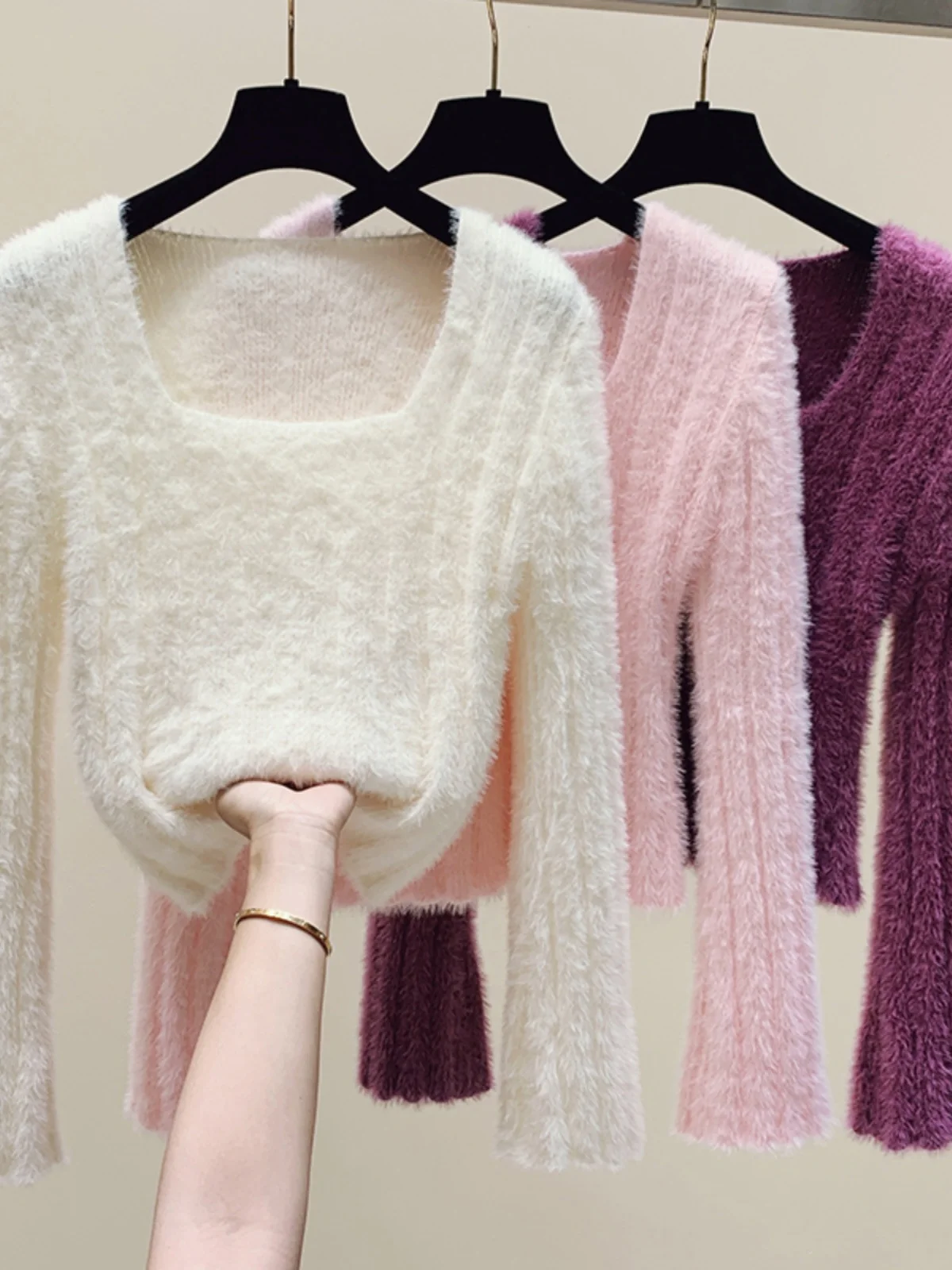 Autumn Lazy Sle Square Collar ort Knitted Sweater Base Layer Faux Mink Design Unique Top Sexy Girl Top Warm Thiened Lon...