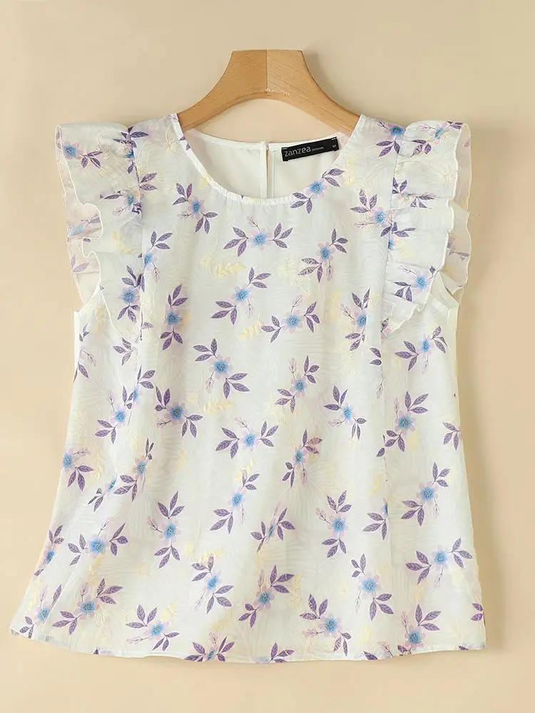 ZANZEA-Blusa con estampado Floral para mujer, camisa con volantes, informal, sin mangas, bordada, para fiesta, Verano