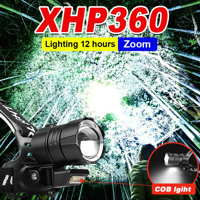 Newest Powerful LED Headlamp XHP360 COB Super Bright Head Flashlight Rechargeable Head Lamp XHP90 High Power LED Headlight 18650