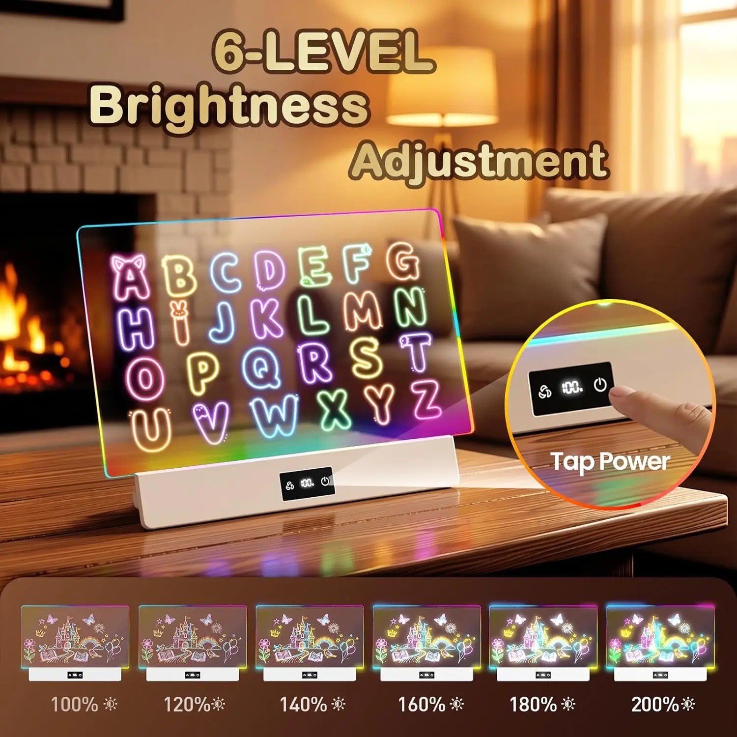 16-Inch Rechargeable LED Drawing Board-8 Colors Light Up Doodle Board with 3 Dynamic Modes, 6 Level Dimmer, 2000mAh Battery.