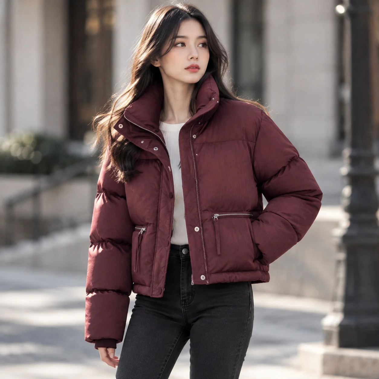 Stand Collar Thick Coat Short Length Casual Style with Straight Silhouette Zipper Front Japanese Korean Casual Women Coats