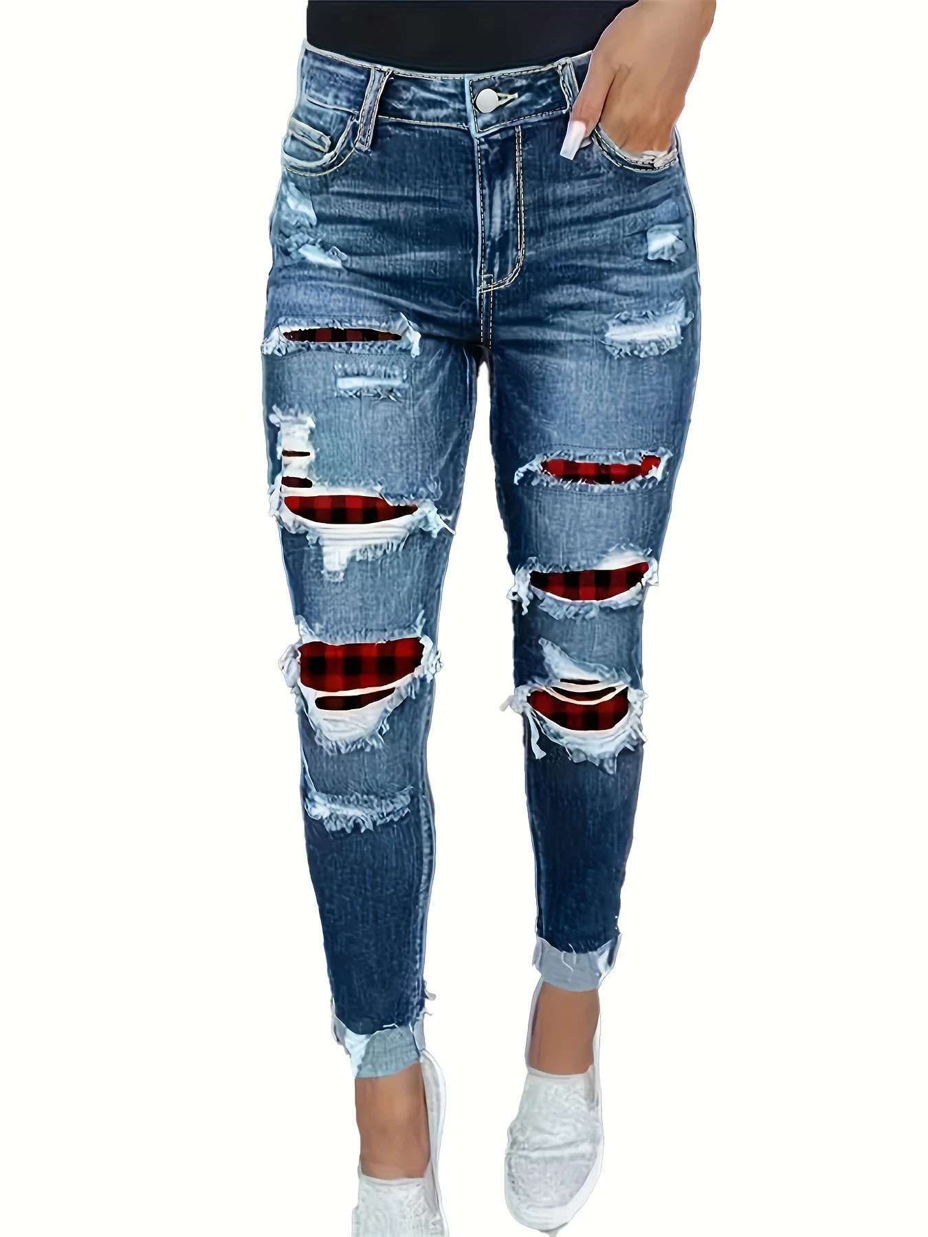 Women\'s Plus Size Jeans, Christmas Style Red Plaid Ripped Patchwork Rolled Frayed High Stretch Skinny Whiskering Denim Pants