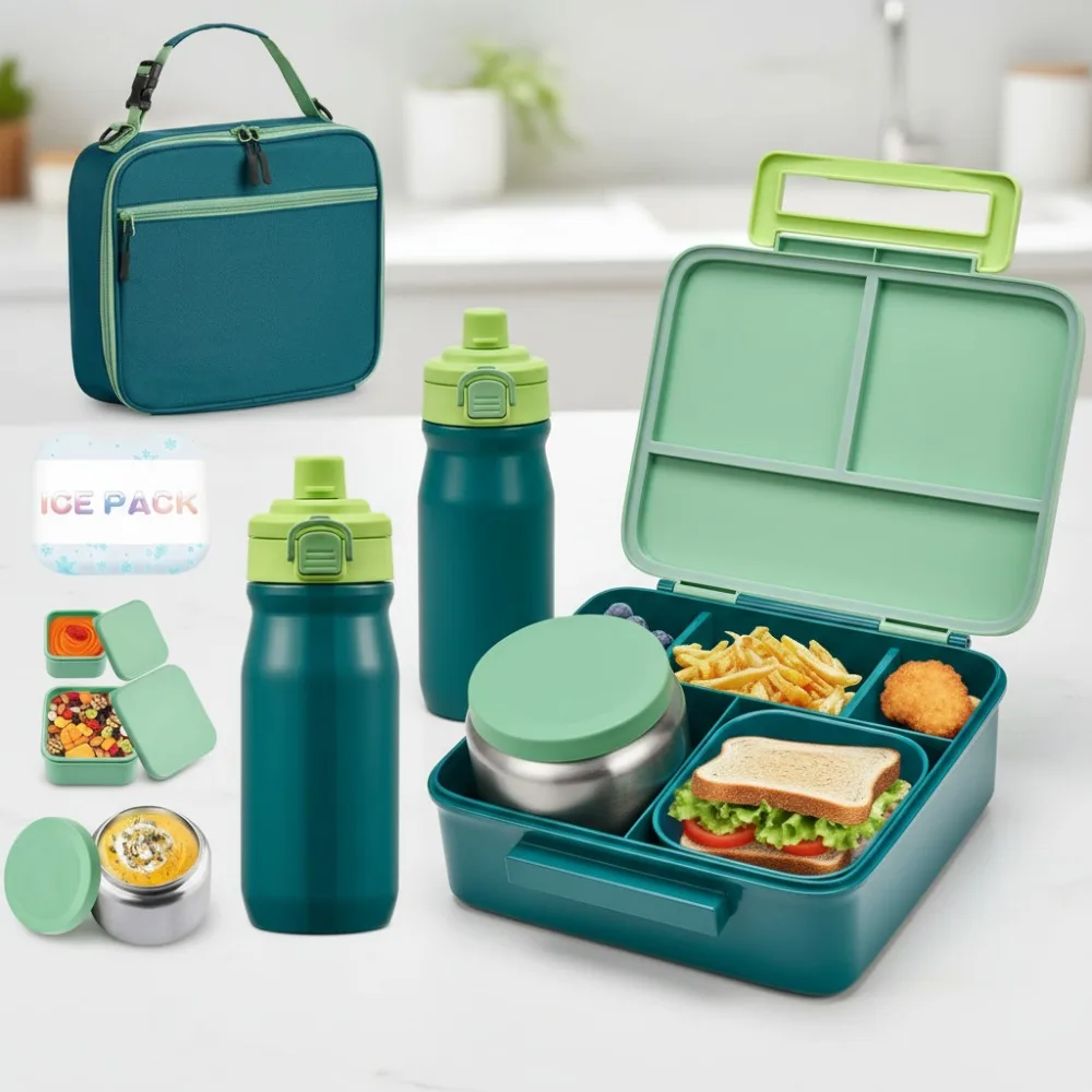 

Детский ланч-бокс Bento с суповым термосом на 8 унций, герметичными контейнерами для пищевых продуктов, изолированной сумкой и бутылкой для воды для школьных путешествий