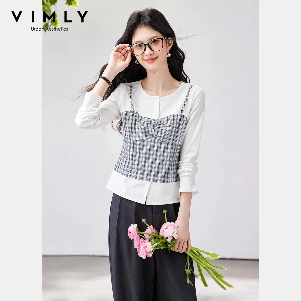 

Женская повседневная футболка VIMLY с длинным рукавом, весна 2026, новая корейская модель с имитацией многослойности, в клетку, с лоскутным дизайном, для повседневной носки, 30851