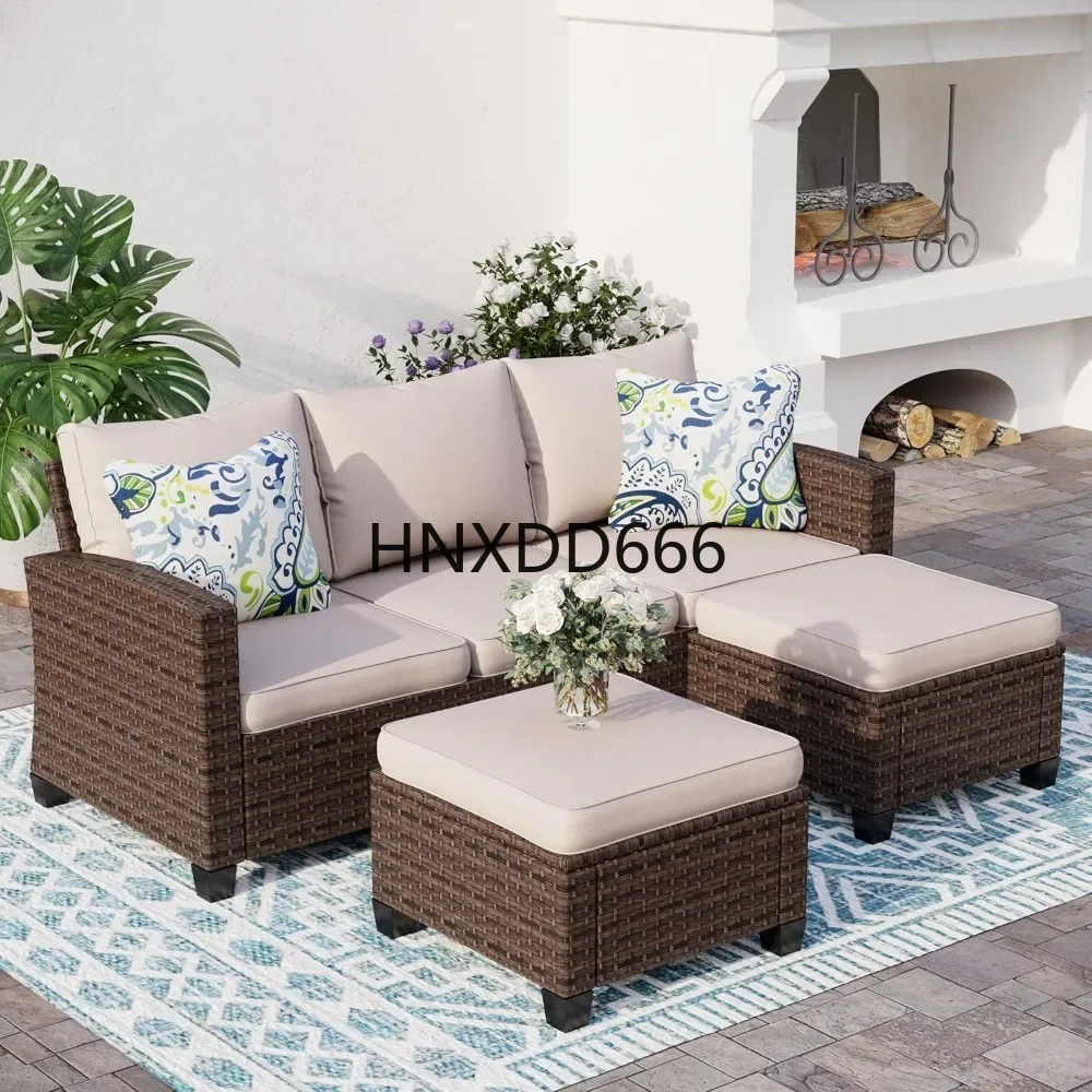 Outdoor Patio Furniture Set,  with 2 Ottomans, Durable Rattan Outdoor Sofa Set for Small Patios