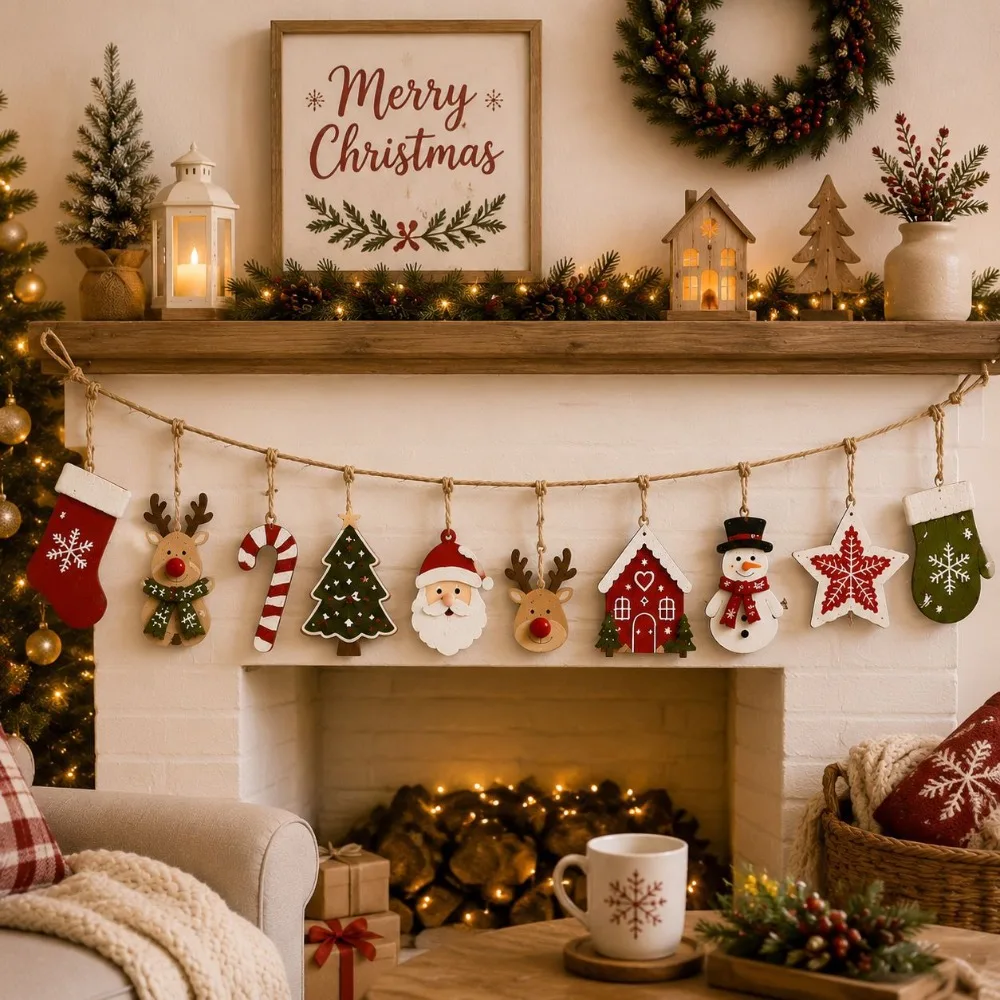 10PCS Christmas Wooden Hanging Decorations Rustic Santa Claus Reindeer Snowman Tree House Stars Socks Winter Holiday Ornaments