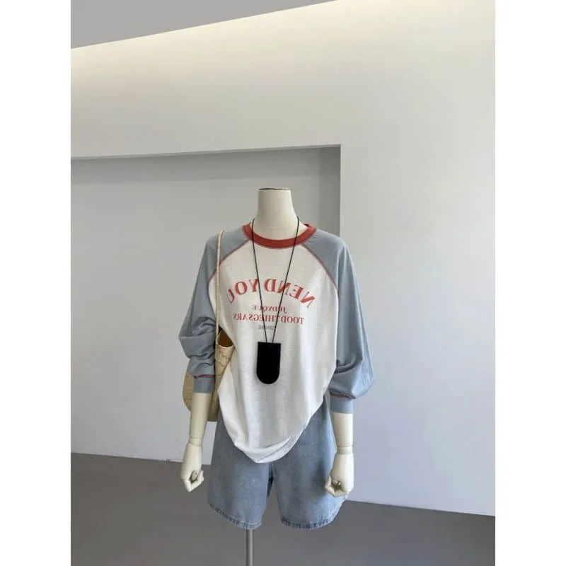 Pop Literary T-shirts For Women Autumn Contrast Color Oversized Casual Korean Style Long Sleeve O-neck Retro Aesthetic Clothes T