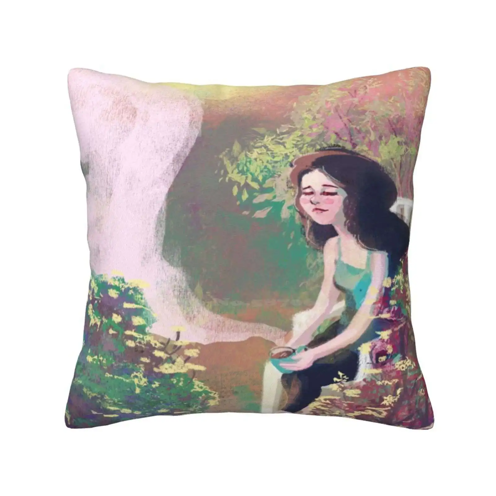 Summer Pillows Case Bedroom Home Decoration Coffee Hot Summer Garden Chilling Relax Plastic Chair Mothers Day Woman Girl Having