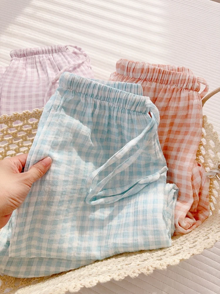 

Женские брюки из чистого хлопка в клетку, двухслойные, свободные, повседневные, для дома, тонкие, весенне-летние, для прогулок, в японском стиле, длинные