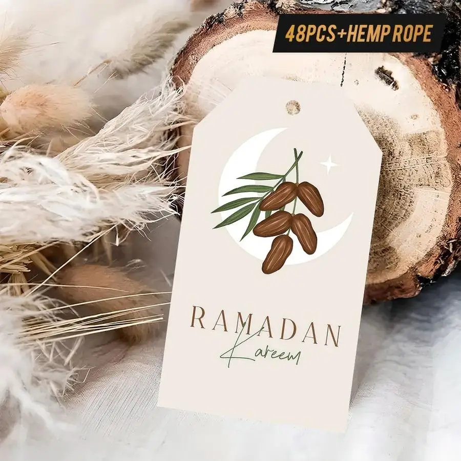1/5/10/20/50/100pcs Round Tags for 'Ramadan Kareem' Gifts, Featuring Jute Twine, Mixed Color Papers, Fresh Pattern Designs, Spec
