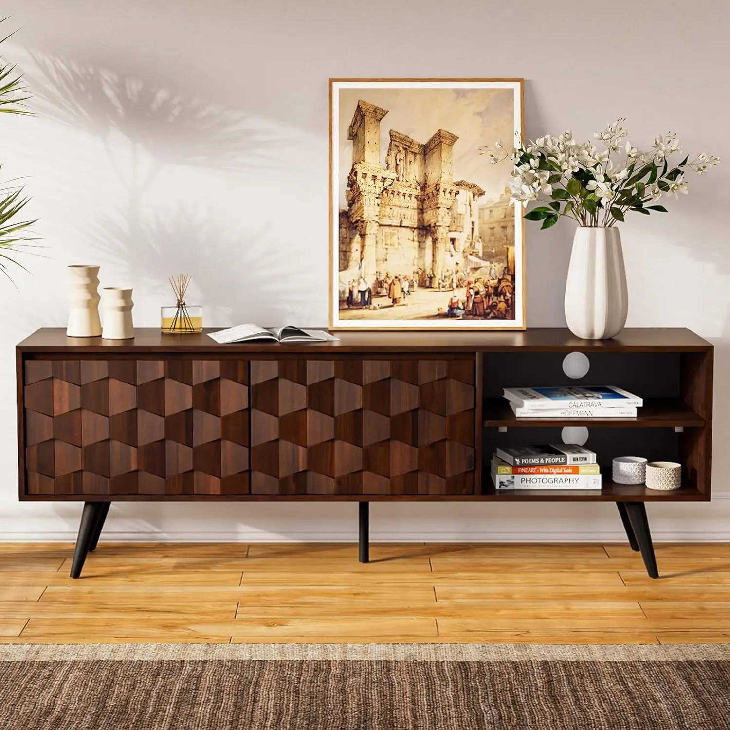 Bme Georgina 65 Inch Solid Wood TV Stand, Under 10 Minutes Assembly Entertainment Center with Storage, Geometric Pattern