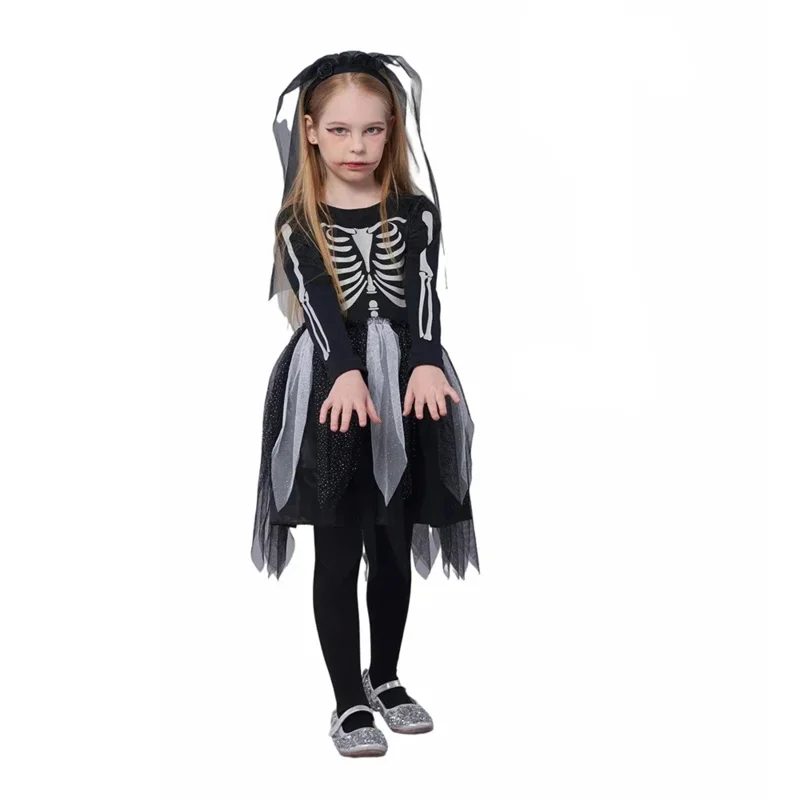 أزياء بهيكل عظمي غامق للأطفال ، زي مصاص دماء للأولاد ، هالوين ، فستان فاخر ، شبح أبيض ، فتيات