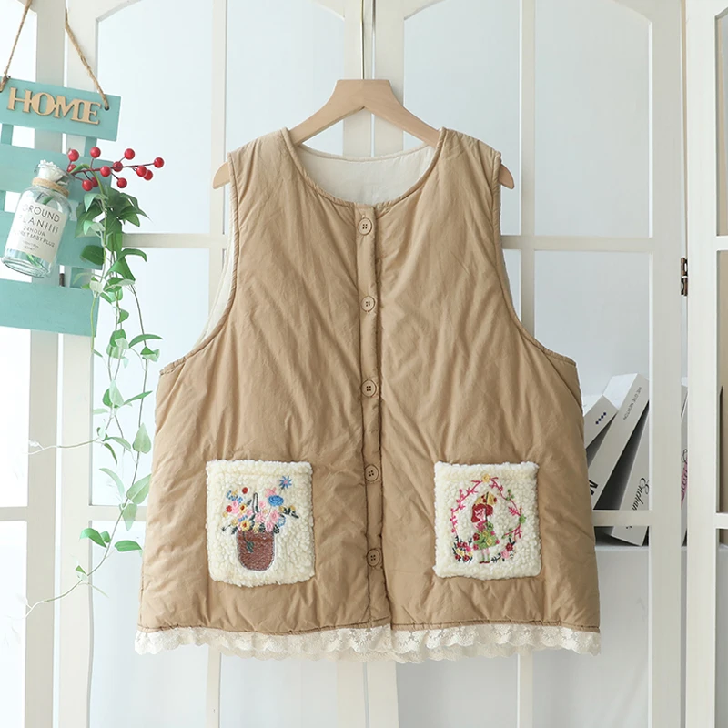 Autumn New Sweet Embroidered Pockets Vest Tops Women Single Breasted Sleeveless Outwear Tops Y1001