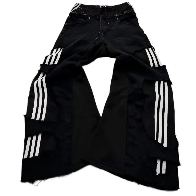 

Y2K Fashion American New Black Side Stripe Embroidery Hole Baggy Jeans Men Harajuku Punk Vintage Rock Popular Wide Leg Pants