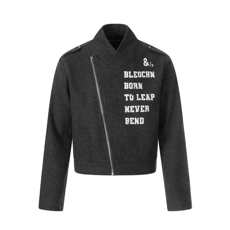 MWJLPWQ Wool Stand Collar Jacket Diagonal Zip Shoulder Distressed Vertical Letter Print Men Street Chic Cropped Outerwear 17026