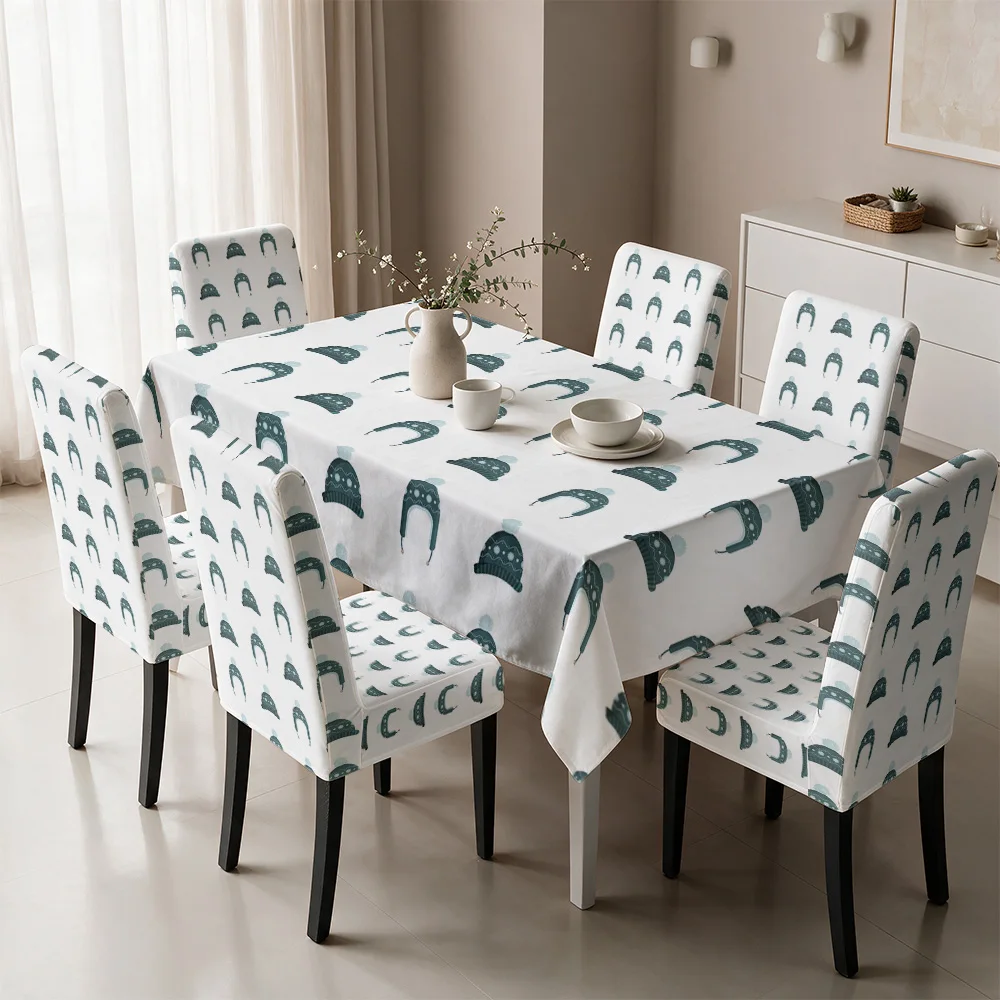 Cute Blue Archway Pattern Dining Chair Covers and Tablecloth for Home Decor Dining Room Setting
