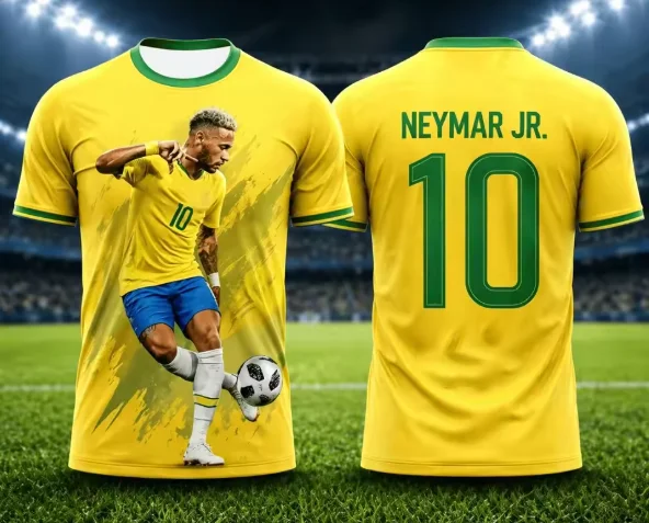 Brazil Inspired Football Portrait 3D Print Jersey, Unisex Breathable Sport Tee for Adults Boys Girls Street Training Wear