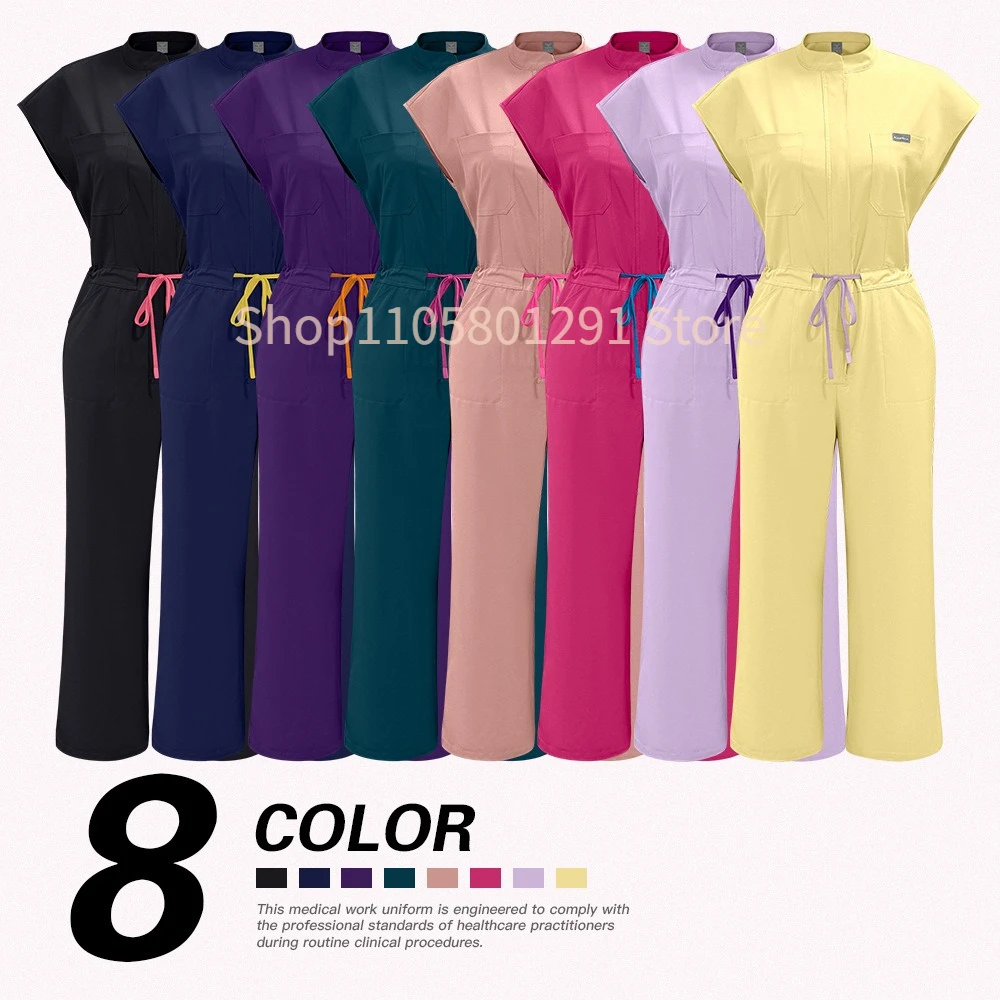 Multi‑Pocket Sleeveless Jumpsuit Work Uniform, Drawstring Waist Slim‑Fit Scrub Suit, For Beauty Salon and Clinical Working Scene