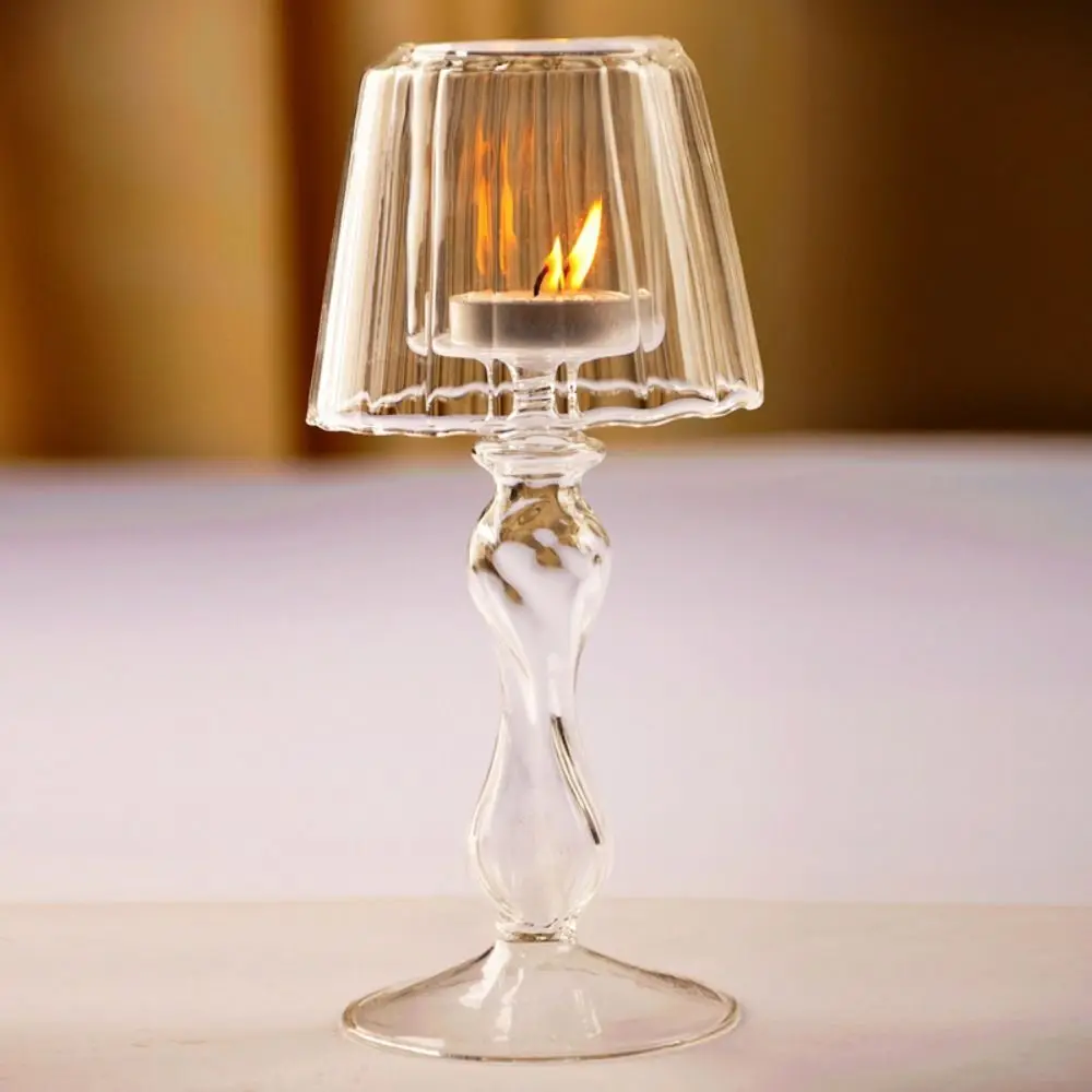 

Glass High Footed Striped Candlestick Creative Art Lamp Shaped Candle Holder Romantic Transparent Craft Candelabra New Year