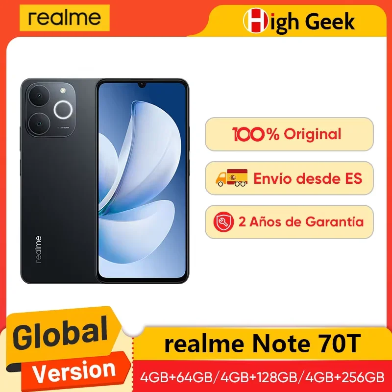 Versión global realme Note 70T Smartphone Pantalla de 6,75 pulgadas y 90 Hz Batería de 6000 mAh Cámara trasera de 13 MP Chipset octa-core Resistencia al polvo y al agua IP54
