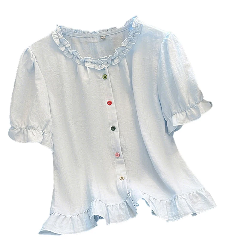 Fashion Women Ruffled O Neck Blouse Sleeve Summer Single Breasted Slim Top Korean Cute Ladies Top